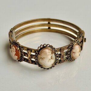 Vintage Gold-Tone Cameo Hinge Bangle Bracelet, Victorian Style